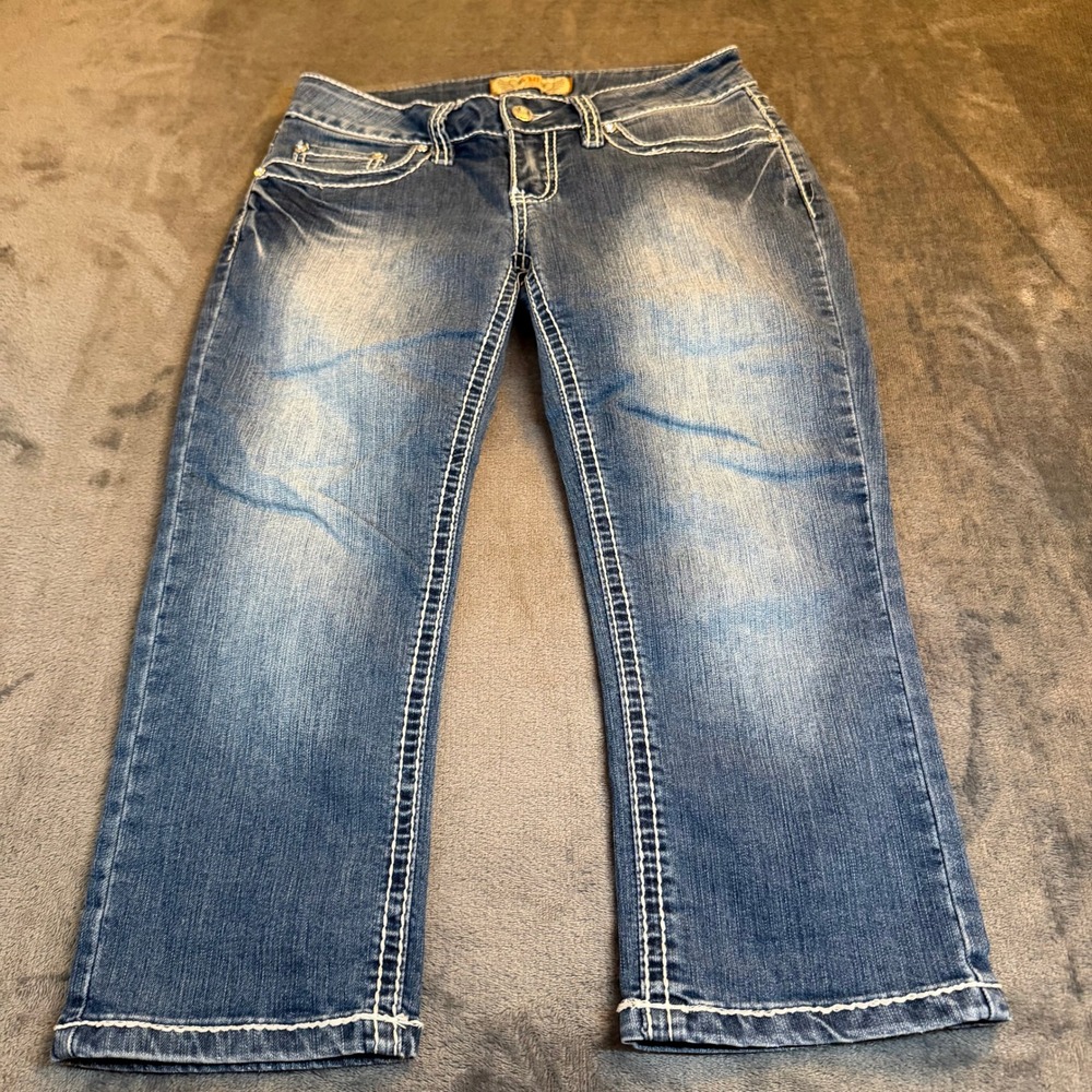 YMI Jeans Cropped Blue Denim Pants Embellished‎ Pocket Womens Size 1 28x19"